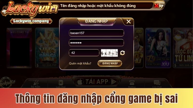 Thông tin đăng nhập cổng game bị sai